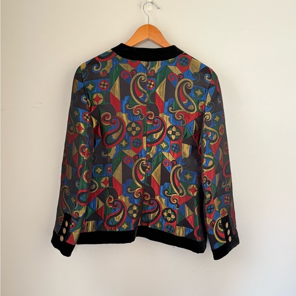 BOGNER Vintage Multicolor Geometric Pattern Jacket Black Velvet Trim Gold Button - Picture 9 of 10